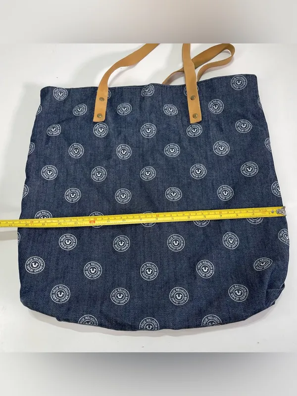 True Religion Tote Bag All Over Button Logo Blue Denim - Image 4