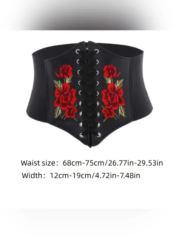 Black Floral‎ Embroidered Waist Elastic Corset Belt One Size - Image 9