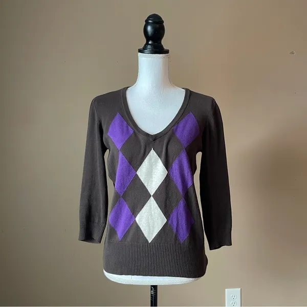 H&M | Brown Argyle Sweater Sz L - Image 2