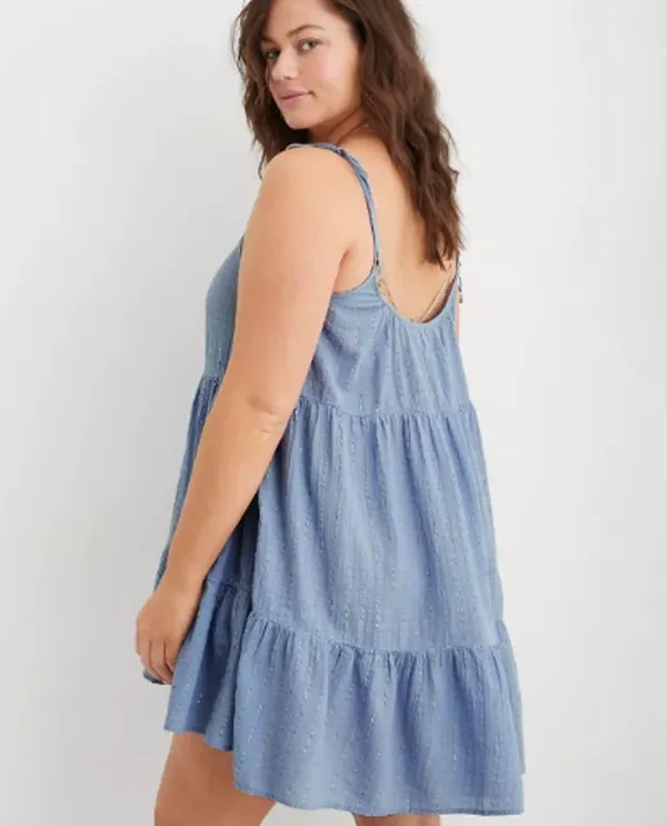 Aerie Magic Hour Blue Gauze Tiered Mini‎ Dress Boho Tie Strap Beach Size M - Image 2