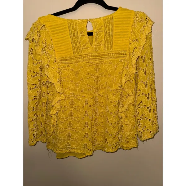 Anthropologie Mustard Yellow Eyelet Lace Ruffle Peplum‎ Blouse Top 6 Whimsical - Image 7