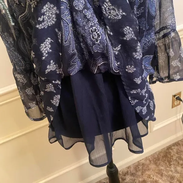 Boho Chic Blue Paisley Peasant Blouse with Tie Front Flounce Sleeve Top - Image 4