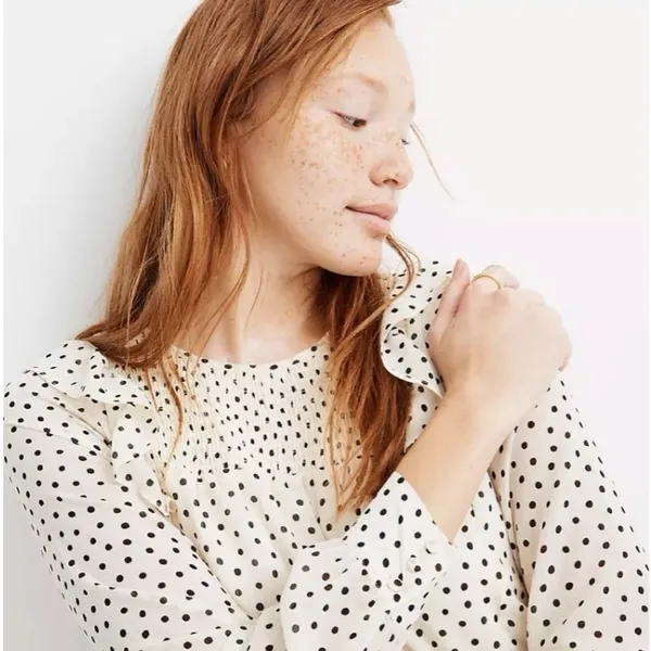 Madewell Smocked Ruffle Shoulder Midi Dress Small Inkbrush‎ Dots White Black - Image 3