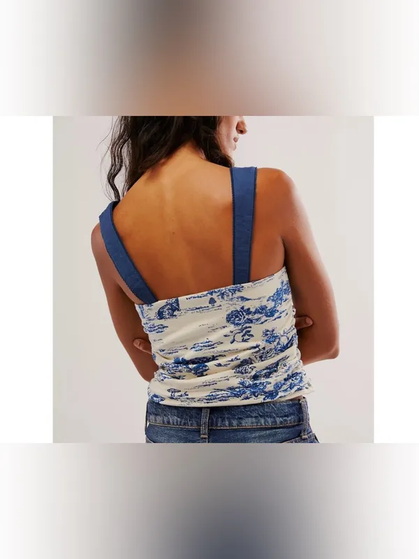 NWOT Free People 2 Tone Printed Tank - ivory blue combo - medium - Image 4