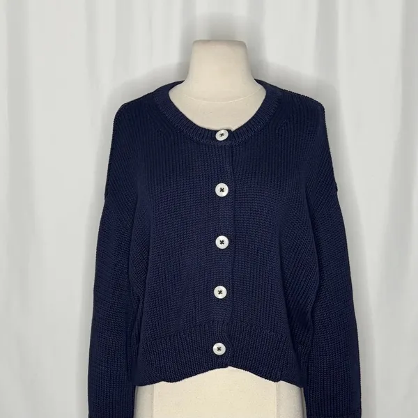 CAROLINE CONSTAS Navy Blue Cotton Cropped Cardigan Sweater Quiet Luxury Medium - Image 3