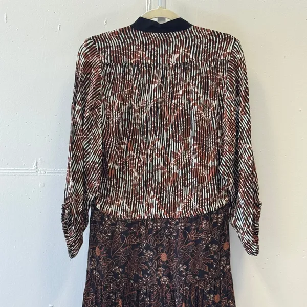 Warm NY Mixed Print Silk Viscose Midi Dress Brown Floral Stripe Size 0 Boho Fall - Image 5