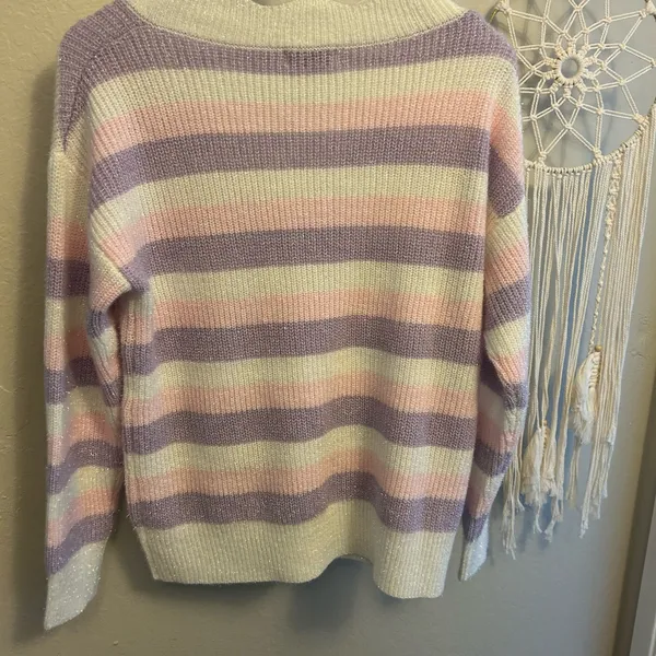 Andrée Women's V-Neck Sweater - Purple, Pink, and Cream Stripes - Image 2
