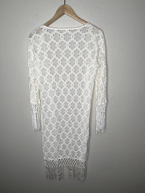 RAGA Boho White Floral Lace Open-Front Fringe Duster Cardigan Size Medium - Image 9