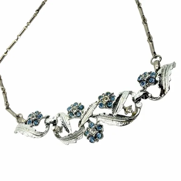 Vintage Blue Rhinestone Floral Leaf Statement Necklace Silver - Image 5