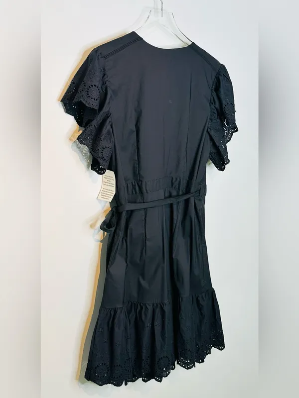 Maette Black Eyelet Cotton Poplin Wrap Mini Dress NWT - Image 7