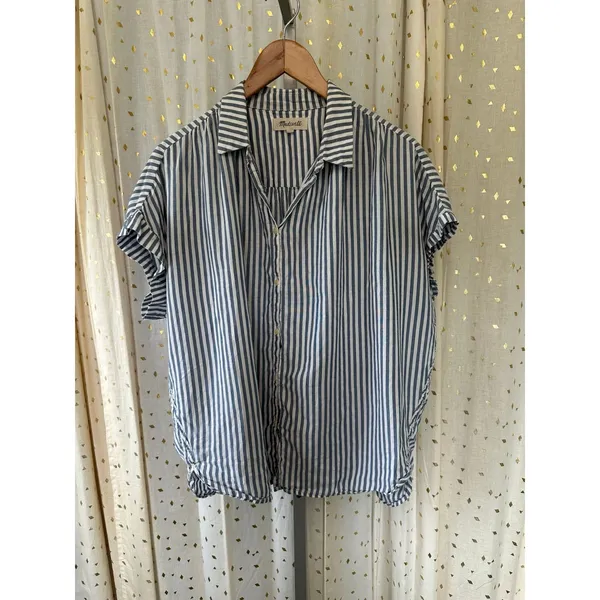 Madewell Women's Chambray Blue White Stripes Dolman Sleeve Button Front Top L - Image 2