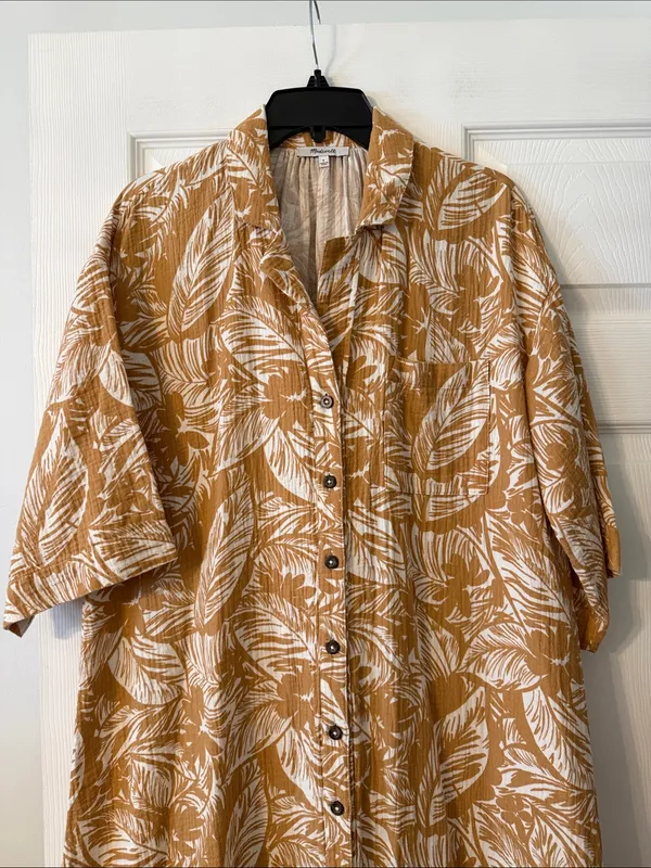 Madewell Women's Button-Front Leaf Print Midi Dress in Mustard size S - Image 4
