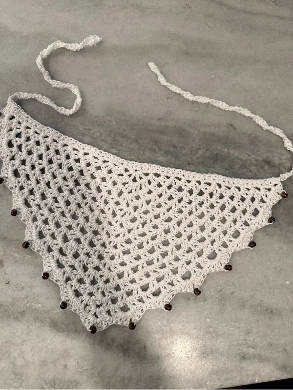 Handmade Crochet Wood Beaded Kerchief Head Scarf Cotton Boho Bandana Cottagecore - Image 2