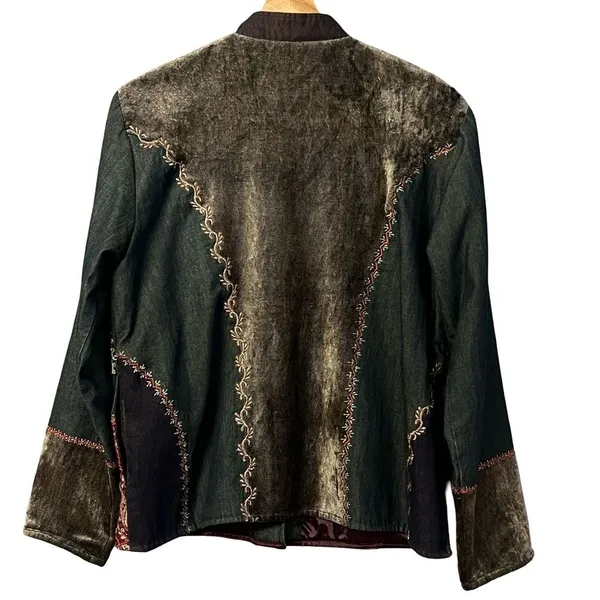 Vintage Womens Artsy Velvet Denim Patchwork Tapestry Jacket Size S Boho - Image 5