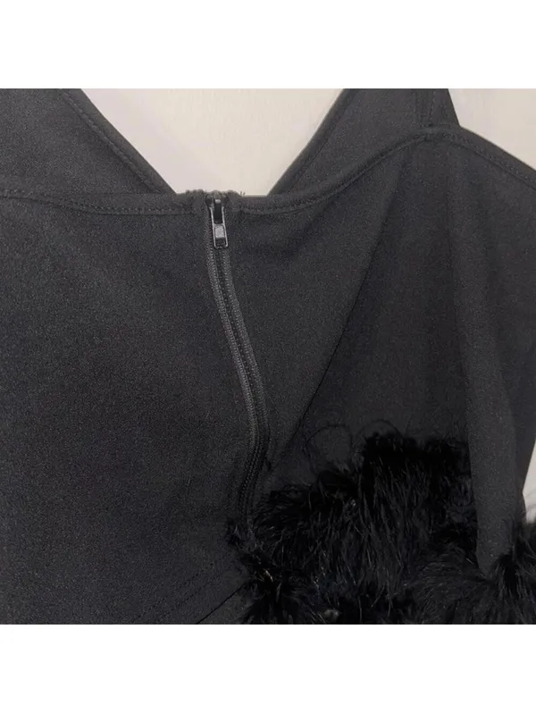 Black Spaghetti Strap Crop Top Boa Fur Trim Holiday Party Club Festival - Image 5