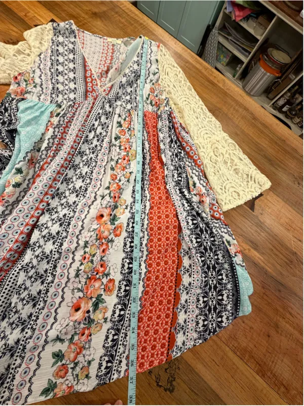 Kori America Patchwork Boho Dress Lace Sleeve Floral Mix Print V-Neck Sz L S7003 - Image 12