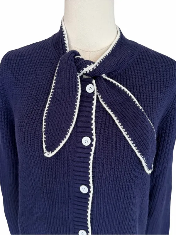 Commense - NWT Tie Neck Button Knit Cardigan Wool Blend Navy White Trim Sz M - Image 4