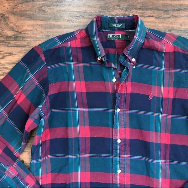 vintage • Polo Ralph Lauren 90s plaid buttondown shirt green red navy cotton - Image 2