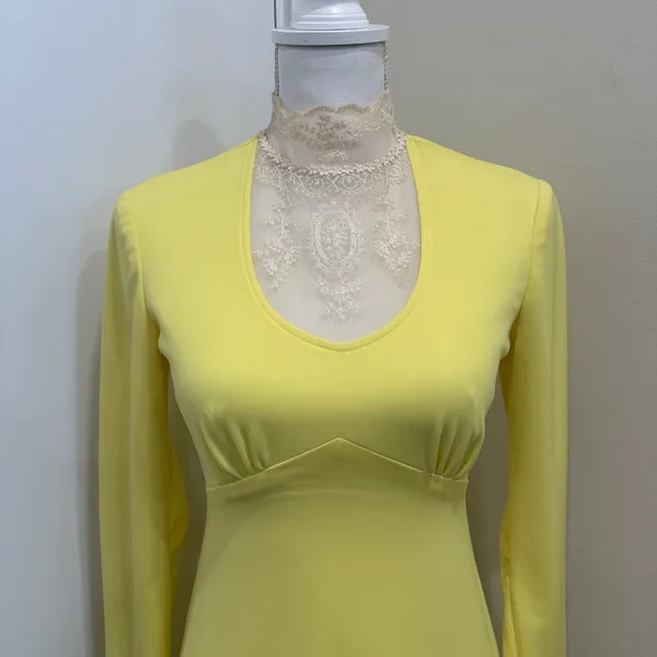 Vintage 1970s Victorian Edwardian Revival Yellow Lace Neck Maxi Dress Costume XS - Image 5