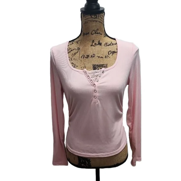 Henley Shirt Womens Size XL Light Pink Ribbed Knit‎ Lace Trim Casual Chic Soft - Image 3