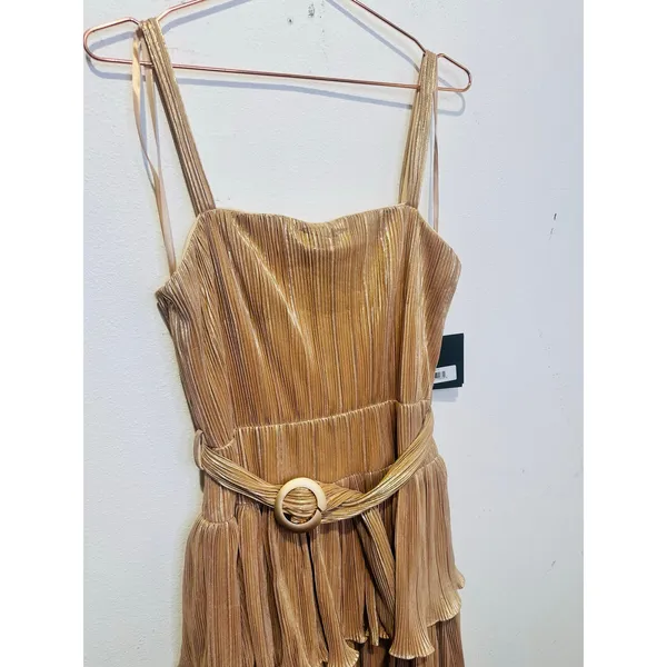 MAC DUGGAL Gold Metallic Plissé Square Neck Pleated Ruffle Belt Detail Dress 8 - Image 5
