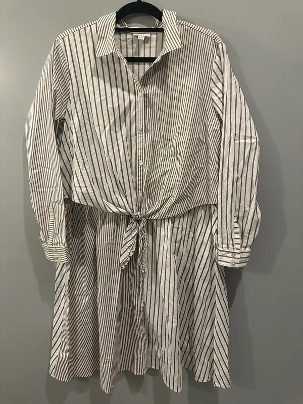 J. Jill Pinstripe Tie Waist Detail Collared Button-Down Shirt Dress Latte and White - Image 2