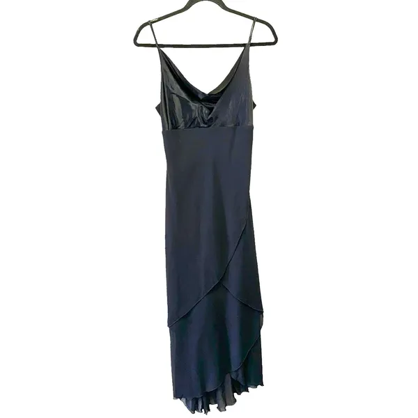 Teeze Me Black‎ Satin Cowl Neck Midi Dress Size 9 Asymmetrical Hem Made in USA - Image 2