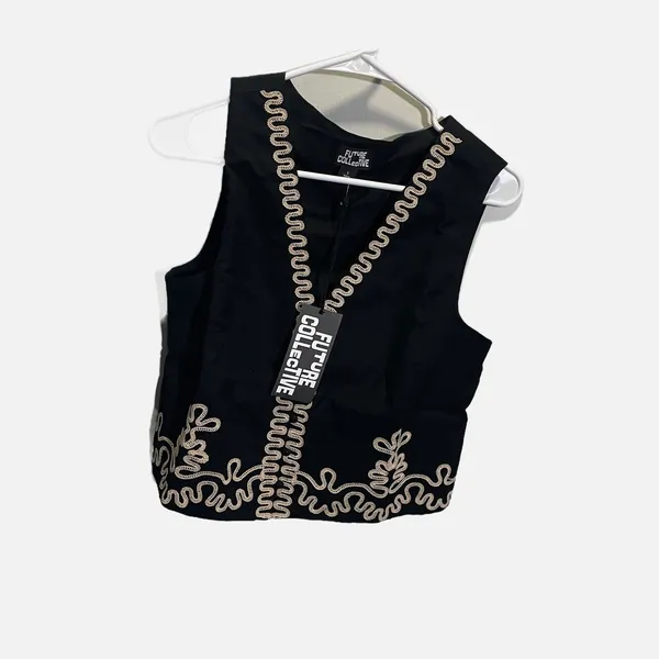 Future Collective Jenee Black Embroidered Soutache‎ V-Neck Vest M Boho Festival - Image 3