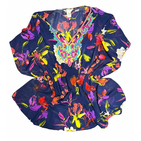 Navy Floral Beaded Bodice Swim Cover Top size Medium Blue - Image 7