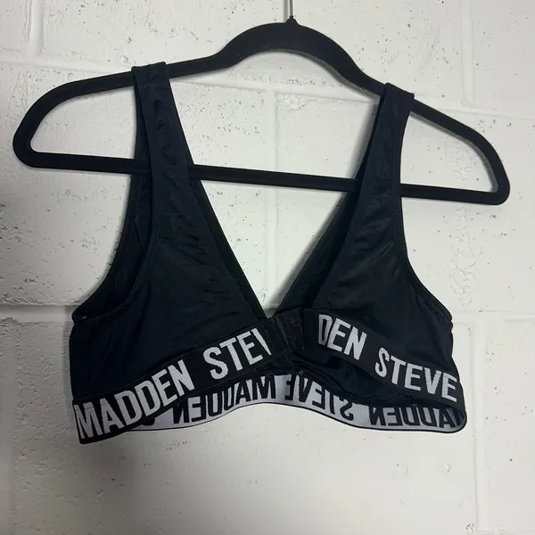 Steve Madden Womens Black Logo Band V-Neck Stretch Bralette Sports Bra Size M - Image 2