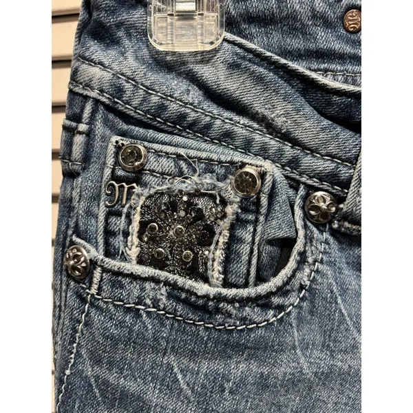 Miss Me Easy Boot Denim Jeans‎ Embroidered/Gems Med Wash Logo Size 26 Low Rise - Image 3