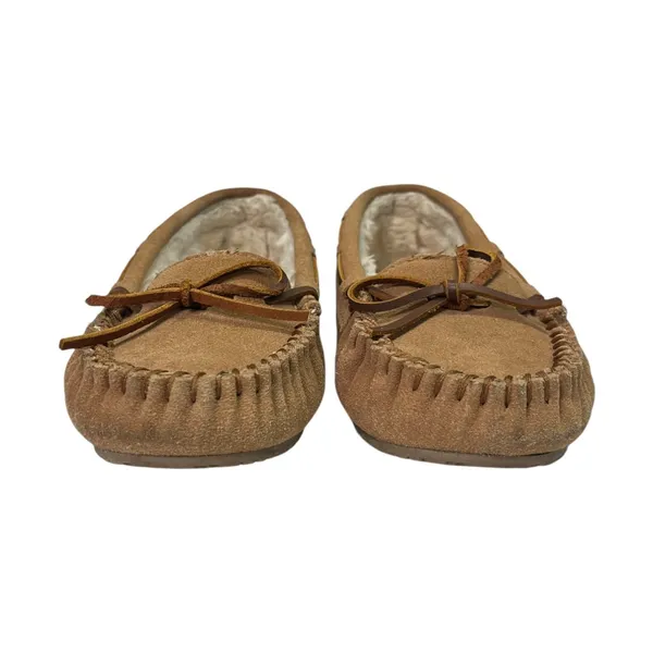 Minnetonka Cally Moccasin Slippers Womens 7M Brown Leather Faux Fur Cozy Cabin - Image 4