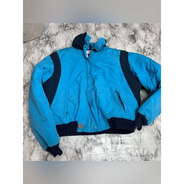 Woolrich vintage woman’s size large Blue Puffer Jacket Navy coat zip up 90s - Image 4