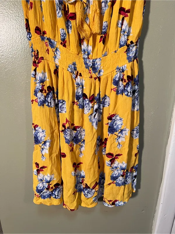 Womens Off Shoulder Mini Dress Yellow Burgundy Blue Floral Smocked Elastic Waist - Image 3