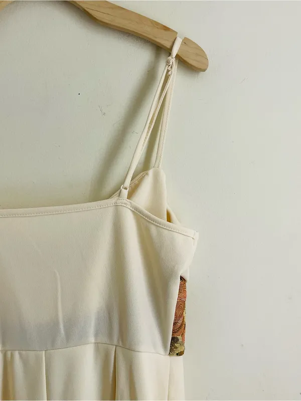 Floral Tapestry Waist Wide Leg Cream Jumpsuit Draped Neck Size M - Image 5