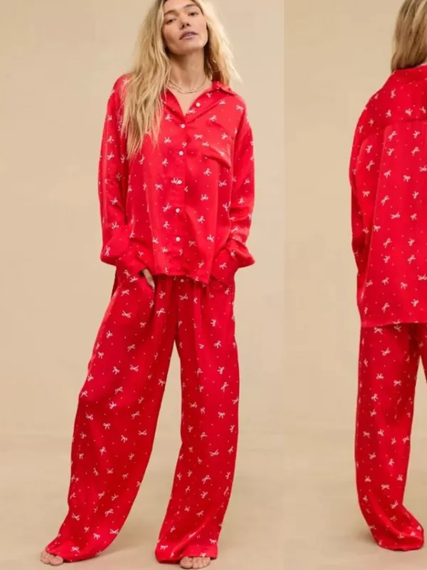 Aerie Off-Duty Satin Pajama Bottoms in Red Bow Size Medium Preppy Trendy - Image 2