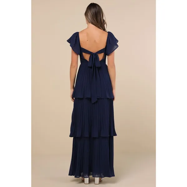 NWT Lulus Notorious Charm Navy Blue Pleated Flutter Sleeve Maxi Dress Gala Sz L - Image 3