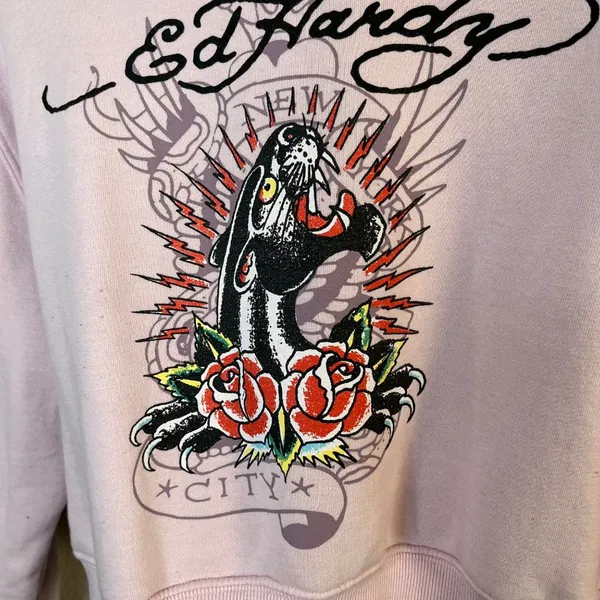 Ed Hardy Womens y2k Pink Panther Graphic Cropped Sweatshirt Medium - Image 2