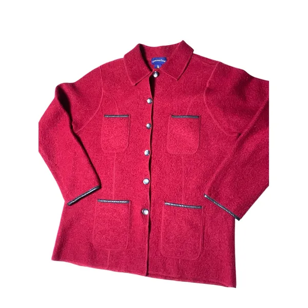 Charter Club Womens L Red 100% Wool Jacket 4 Pocket Button Front Leather Trim - Image 3