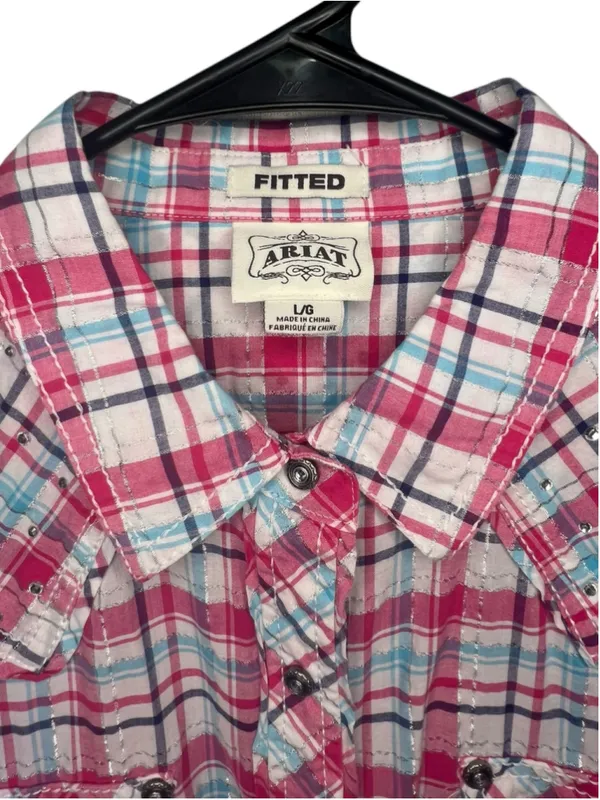 Ariat Fitted Pink White And Blue Fitted Plaid Western Snap Shirt W/Rhinestones - Image 3
