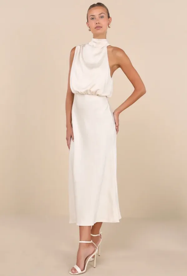 Lulus Champagne Crinkle Satin Mock Neck Sleeveless Midi Dress - Image 2