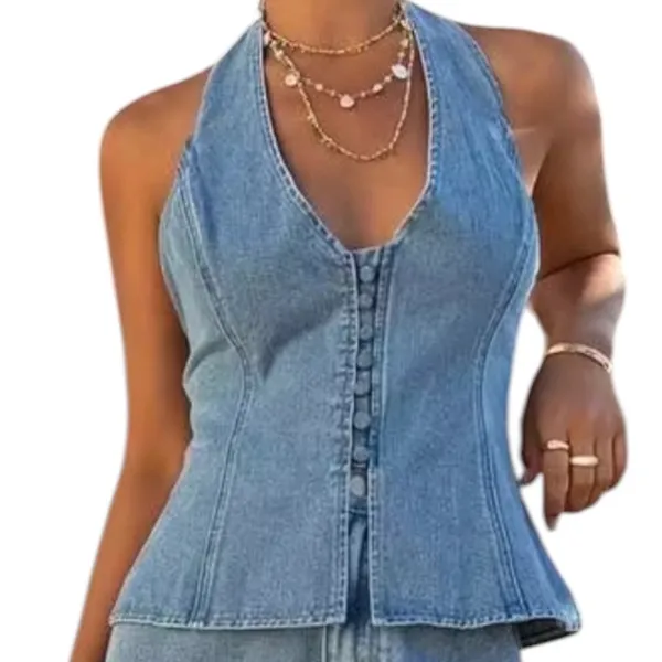 Shein Dazy Women Blue Denim Halter Top Button Front Backless Vest Size L | 0351 - Image 3