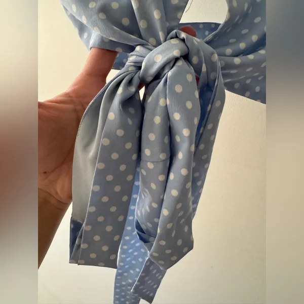 Superdown Revolve Blue‎ and White Polka Dot Crop Top Wrap Tie - Image 4