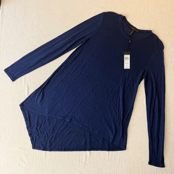 BCBGMAXAZRIA Shae High-Low Tunic Top Navy Blue‎ Silk Blend Long Sleeve M - Image 2