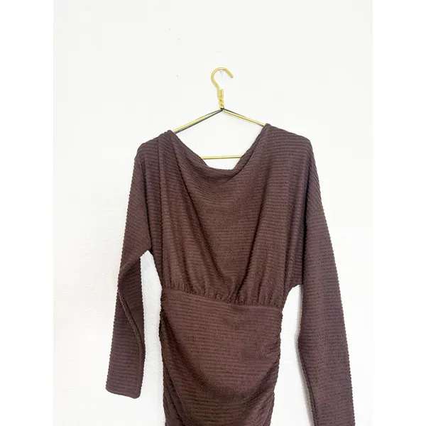 Showpo Alyce Mini Dress Size 4 Brown Ruched Off Shoulder Textured Knit - Image 13
