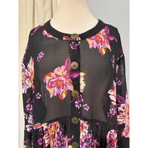 Cottagecore Womens Tunic‎ 2X Black Floral Sheer Mesh Babydoll Button Front Top - Image 6