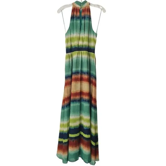 Taylor NWT Printed Chiffon Mock Neck Sleeveless Gathered Maxi Dress Rust Teal 6‎ - Image 5