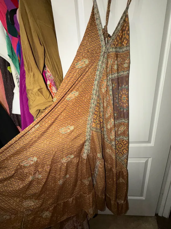 Indian Silk Halter Maxi Dress Brown - Image 5