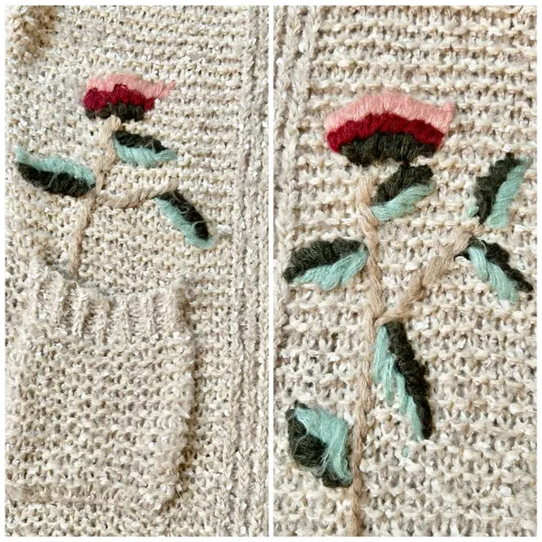 Alya Floral Chunky Knit Sweater Cardigan Embroidered Flowers in Cream Size S - Image 3