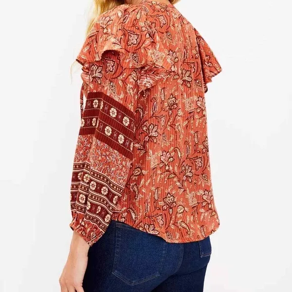 Loft Bouquet Ruffle Tie Neck Blouse Auburn Orange‎ Size Small Boho Fall - Image 2